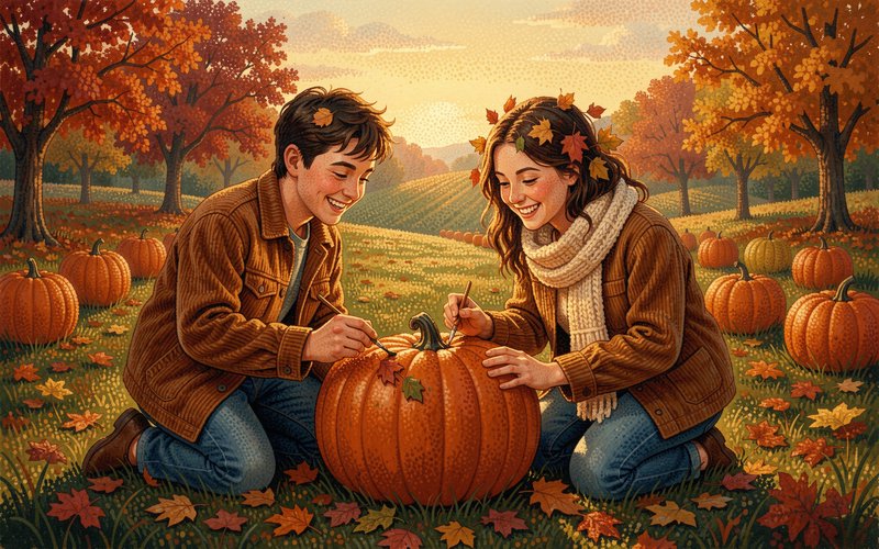 Smiling young couple painting a large pumpkin together in a sunlit autumn pumpkin patch