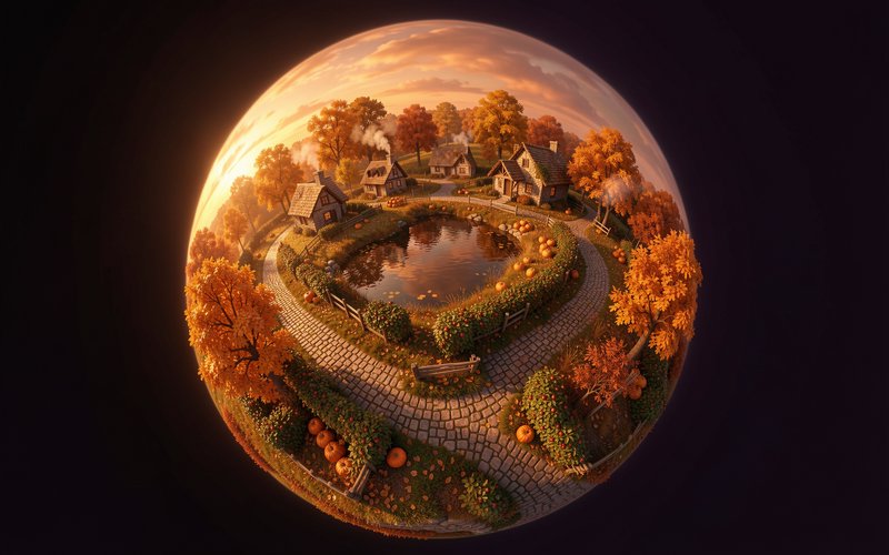 Tiny planet stereographic view of a cozy autumn village with cottages, pond and fall foliage at golden sunset