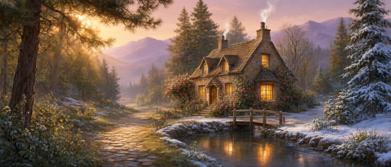 Cozy stone cottage beside a snowy forest stream at golden sunset, smoke curling from its chimneys