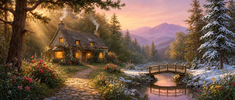 Cozy ivy-covered stone cottage glows beside a forest stream at soft pink golden sunset