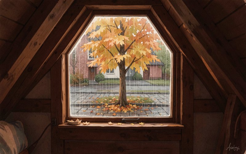 Rustic hexagonal attic window looks out at a golden maple tree on a rainy autumn day