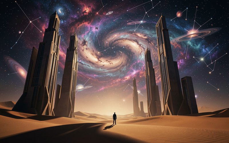 Silhouetted explorer stands in desert between tall alien spires beneath a swirling vivid galaxy sky