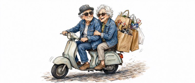 Smiling elderly couple riding a vintage scooter piled high with grocery shopping bags