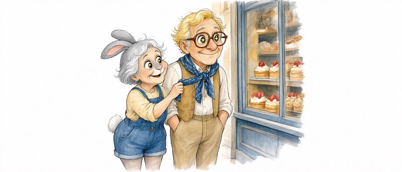 Anthropomorphic elderly bunny woman and bespectacled older man look eagerly at a bakery display of strawberry pastries