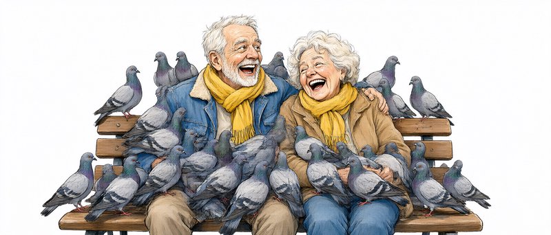Laughing elderly couple sitting on a park bench surrounded by dozens of pigeons