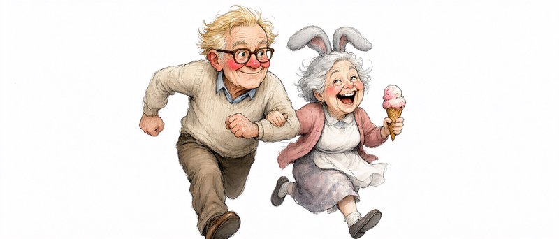 Joyful elderly couple runs arm in arm, the woman wearing bunny ears holds a pink ice cream cone
