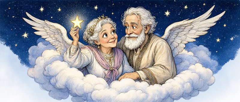 Elderly angel couple sitting on fluffy clouds, the woman holding a glowing star beneath a starry night sky