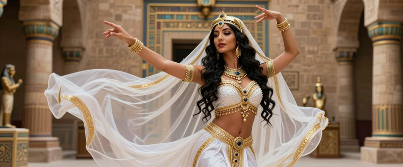 Graceful Cleopatra-style dancer performing inside an ornate ancient Egyptian temple courtyard