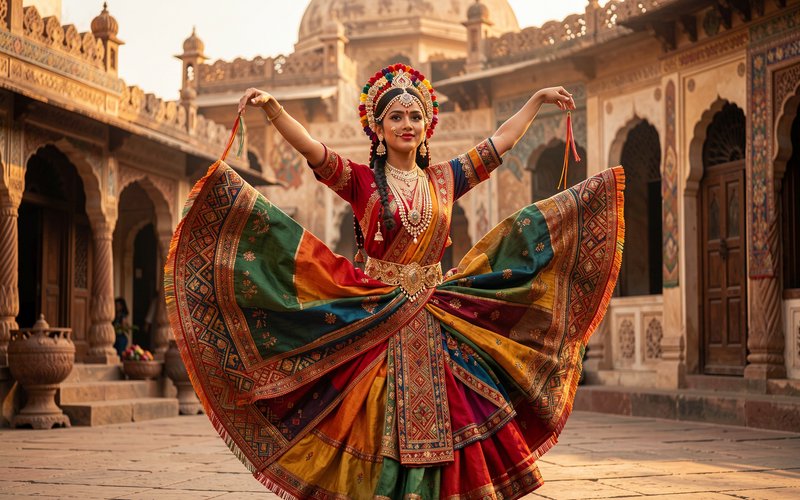 Traditional Garba dancer twirling in vibrant ceremonial wear in a carved historic Indian palace courtyard
