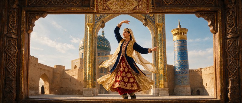 Woman in ornate traditional Central Asian dress dances framed by a carved wooden window before historic tiled mosque