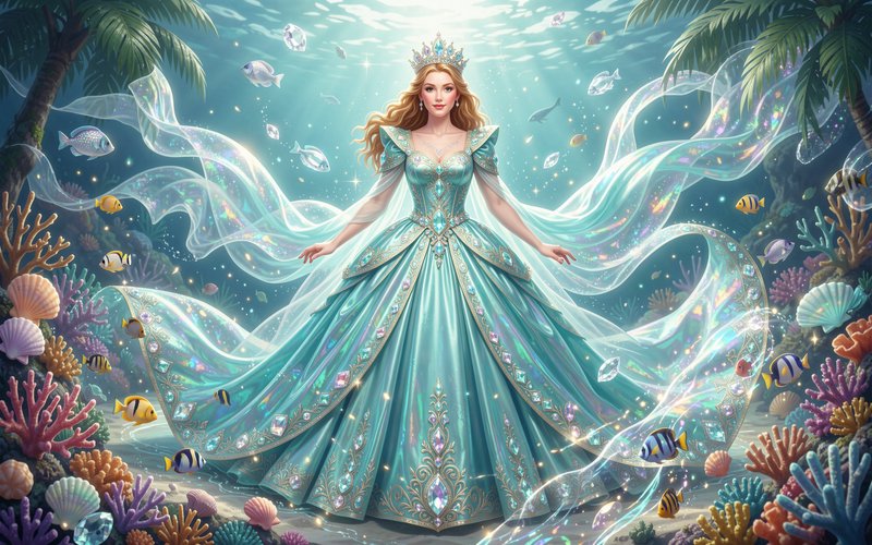 Regal sea queen in an iridescent jeweled turquoise gown stands in a sun-dappled underwater coral reef