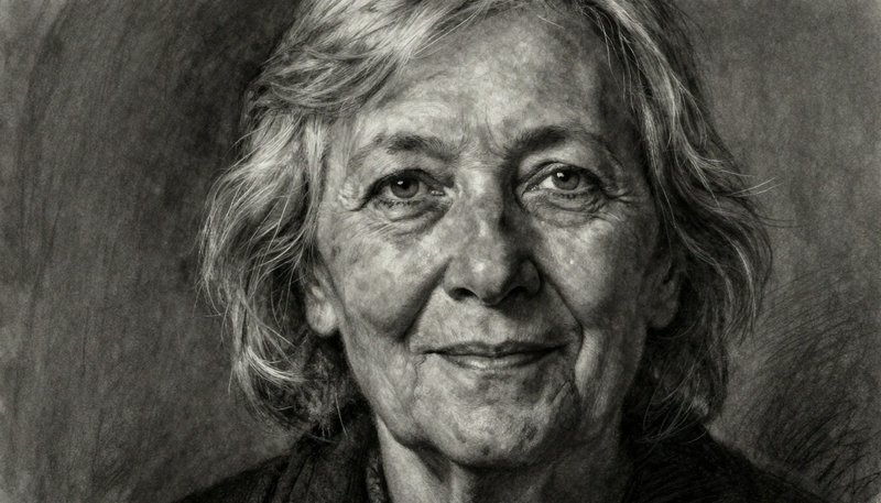 Hyperrealist pencil portrait of a gentle smiling older woman with wavy silver hair facing the camera
