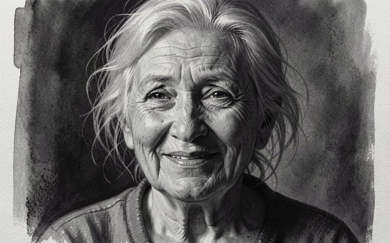 Hyperrealistic black and white portrait of a smiling elderly woman with soft wispy silver hair