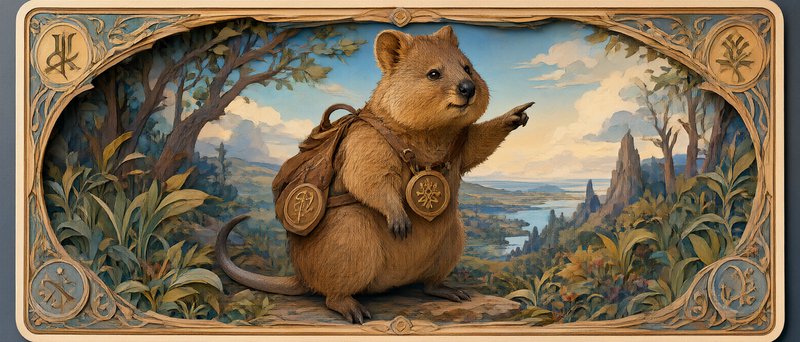 Anthropomorphic quokka explorer with a leather backpack points from an ornate framed fantasy valley landscape