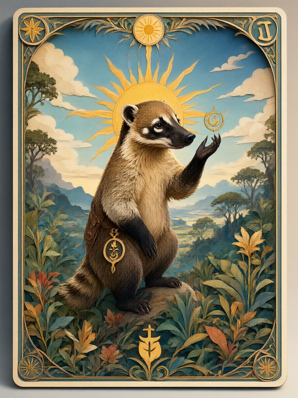 Anthropomorphic coati stands on a decorated tarot card holding a golden symbol beneath a sun halo over jungle terrain
