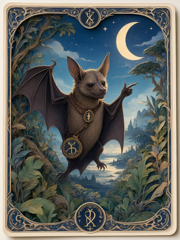 Charming anthropomorphic magical bat points toward a crescent moon on an ornate vintage tarot card