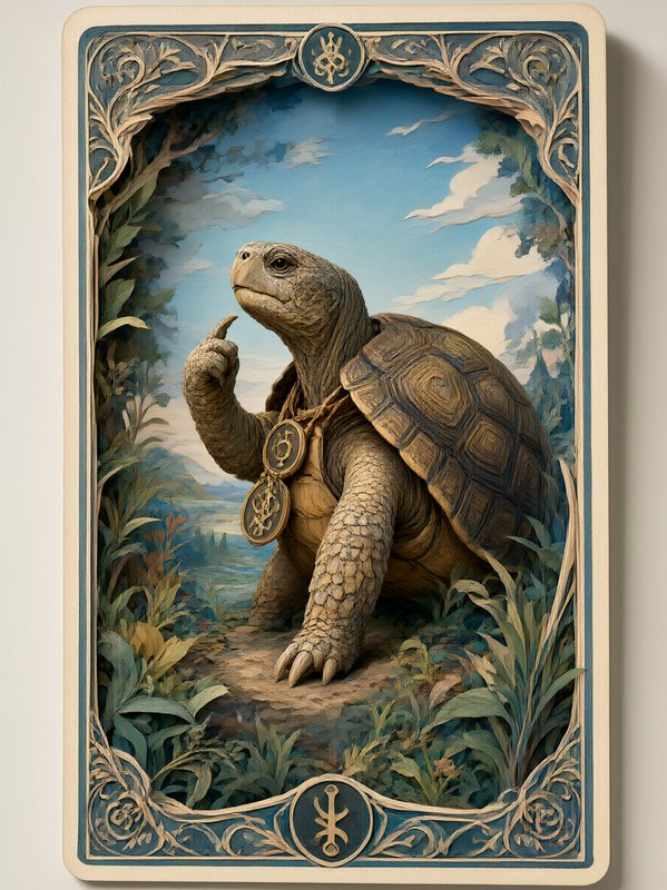 Wise anthropomorphic tortoise posing thoughtfully on an ornate vintage tarot card