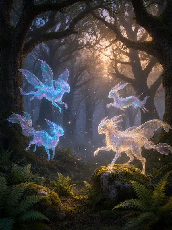 Glowing translucent fantasy spirit creatures float and leap through a misty sunlit enchanted forest