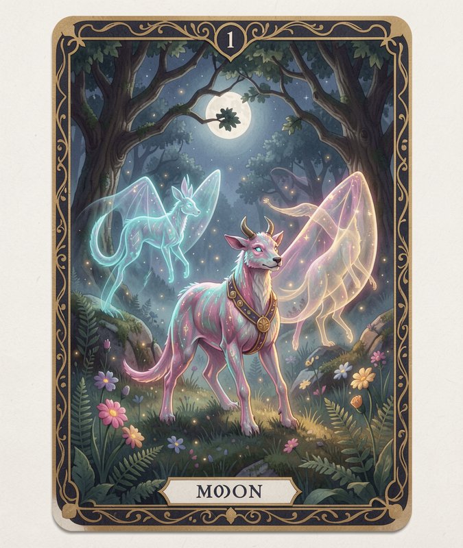 Ornate Moon tarot card featuring a horned magical beast and glowing spirit familiars in a moonlit enchanted forest