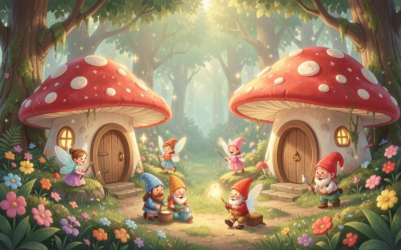 Fairies and gnomes gather between red toadstool mushroom homes in a sunlit magical forest