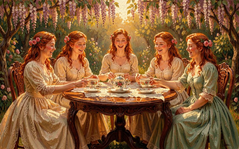 Five red-haired women laugh while sharing afternoon tea around a garden table under blooming wisteria
