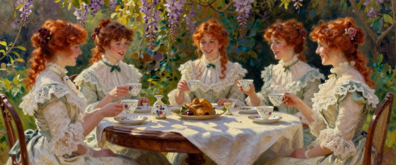 Five red-haired Edwardian women enjoy afternoon tea beneath flowering wisteria in a sunlit garden