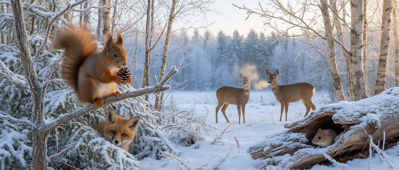 Red squirrel holding a pine cone shares a snowy winter forest clearing with fox, roe deer, and a small mouse