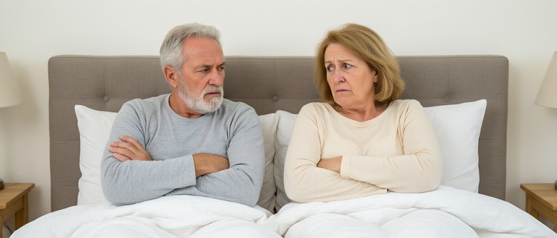 Upset senior couple sit side by side in bed with crossed arms following a relationship argument