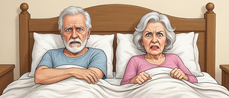 Startled senior couple sitting up in bed with shocked wide-eyed expressions