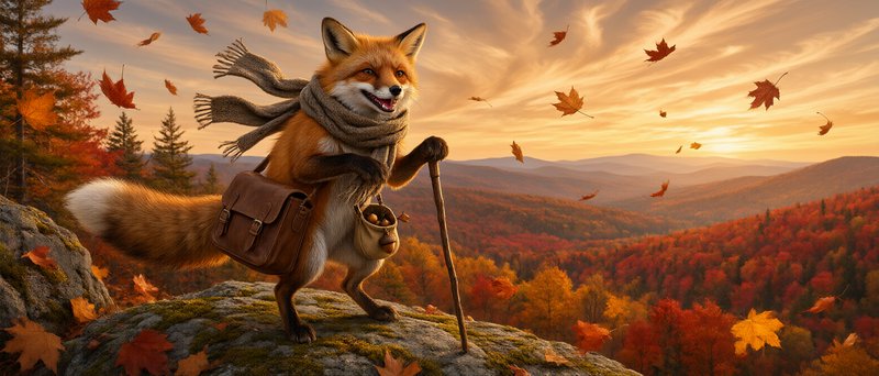 Anthropomorphic red fox with scarf, satchel and walking stick stands on a cliff overlooking fall mountains at sunset
