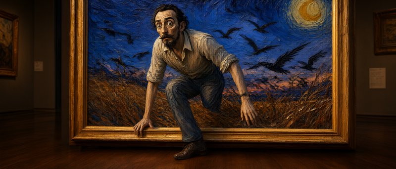 Startled bearded man climbs out of a Van Gogh-style framed painting resting on a museum gallery floor