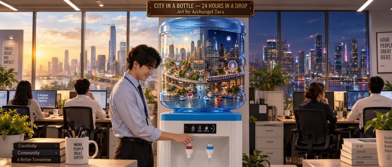 Office worker pours water from a cooler holding a detailed miniature city diorama inside its bottle