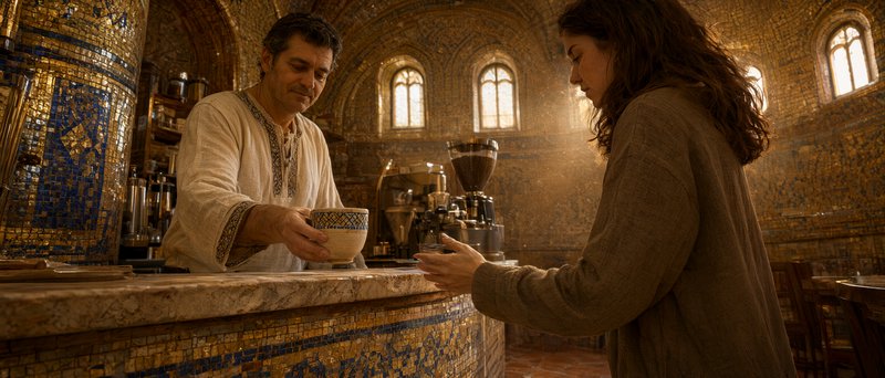 Barista passes a patterned ceramic coffee cup to a customer across an ornate mosaic cafe counter