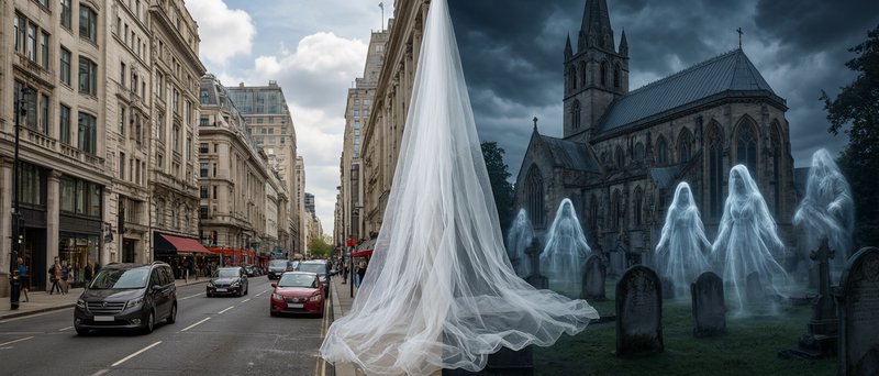 Surreal split scene contrasting a busy modern city street against a haunted graveyard with glowing ghostly robed figures