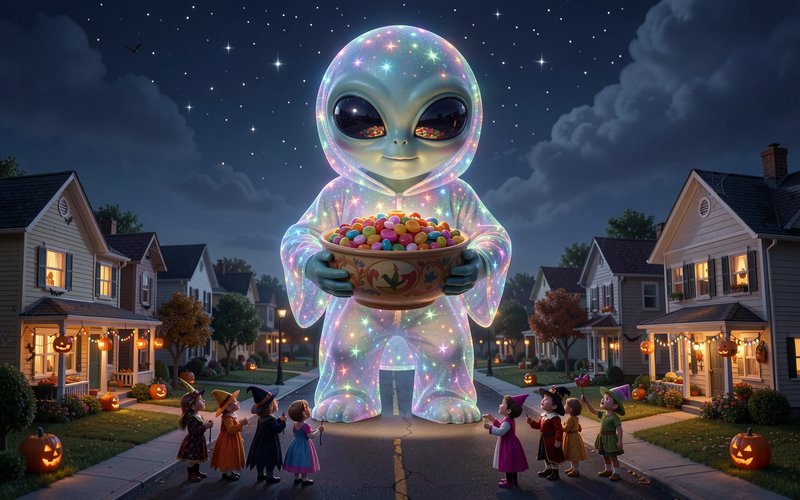 Glowing sparkly alien offers Halloween candy to costumed trick-or-treaters on a starry suburban street