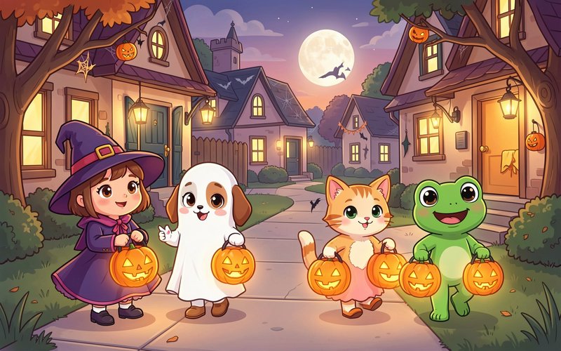 Cute costumed Halloween trick-or-treaters hold glowing jack-o-lanterns on a festive moonlit suburban residential street