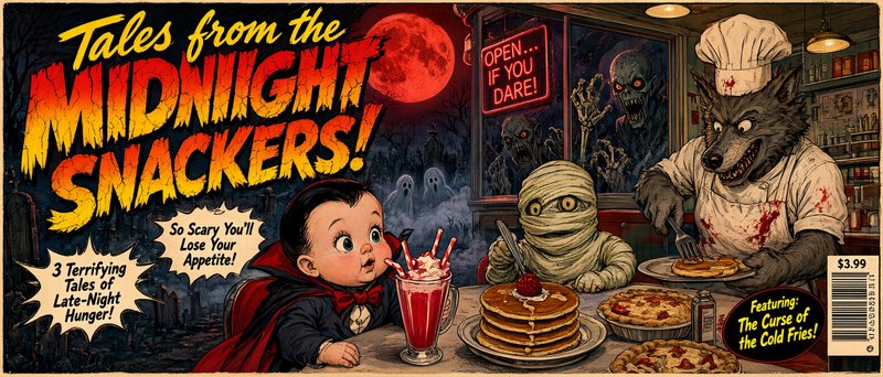 Retro horror comic cover of spooky monster characters eating at a late night diner under a blood red moon