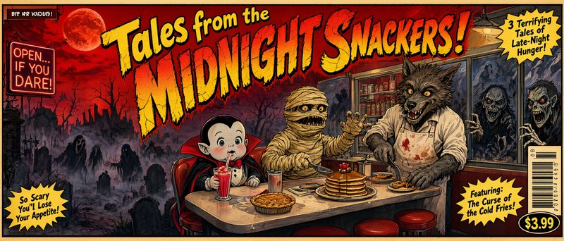 Retro horror comic cover showing classic movie monsters eating at a spooky late night diner under a blood red moon