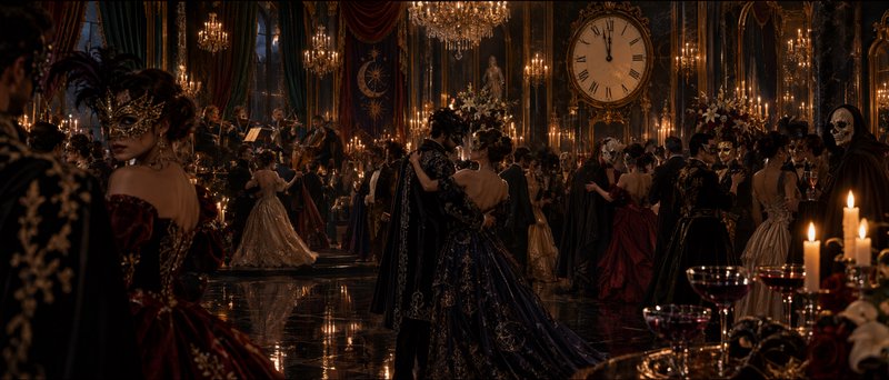 Masked guests waltz in an opulent candlelit baroque masquerade ballroom at midnight