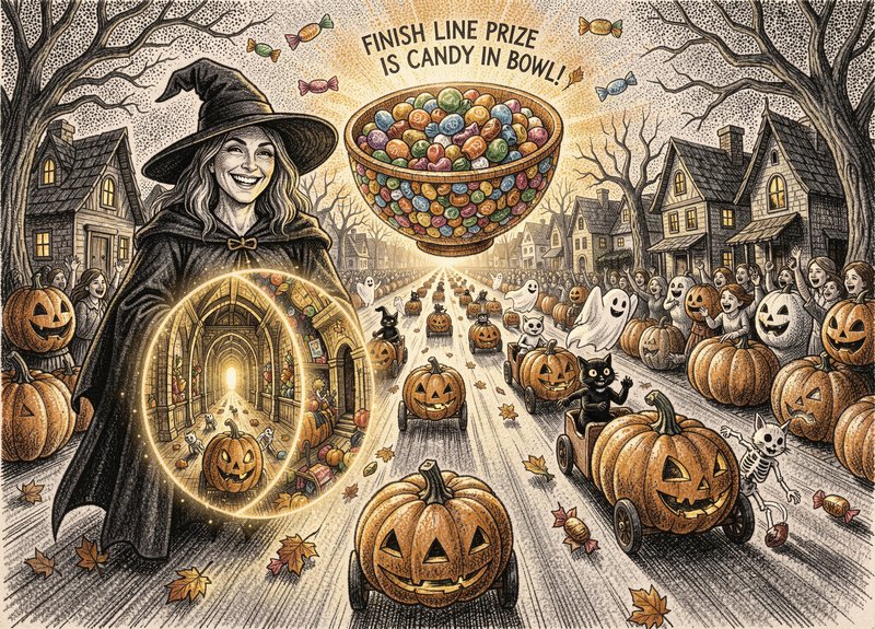 Smiling witch hosts a whimsical Halloween pumpkin kart race with a giant candy bowl grand prize