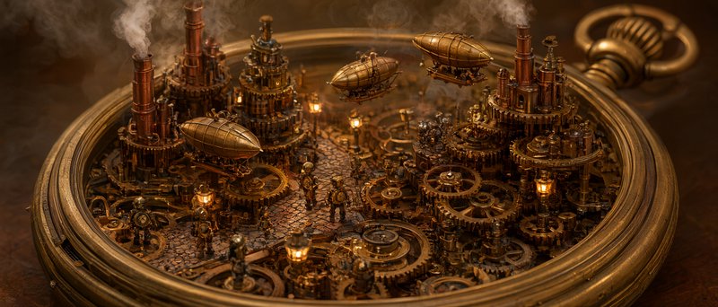 Intricate miniature steampunk city with airships built inside an open vintage brass pocket watch
