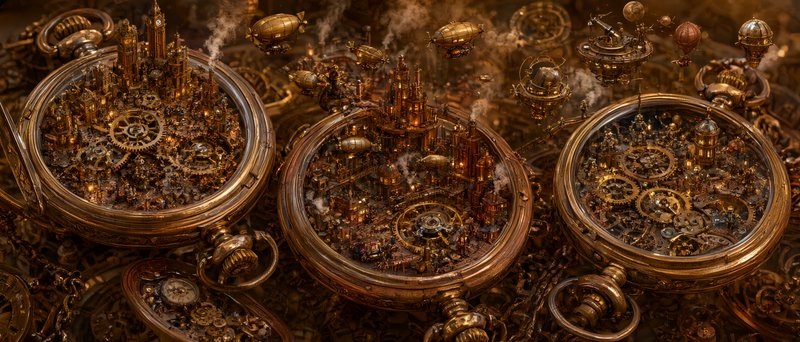 Detailed steampunk micro-cities built inside open brass pocket watches with floating vintage airships