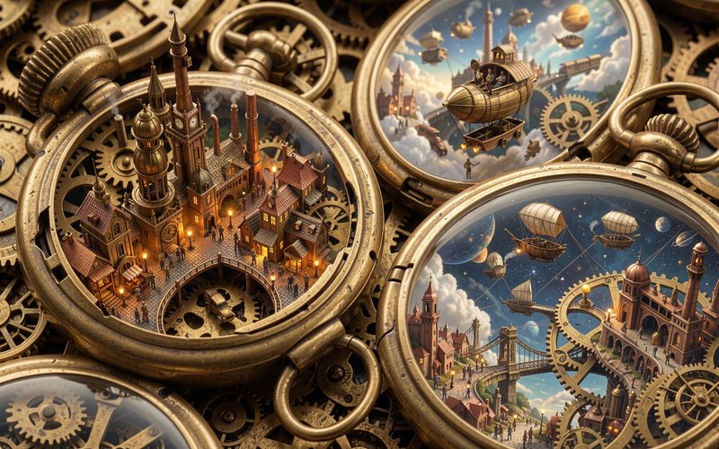 Intricate steampunk pocket watches holding tiny detailed fantasy worlds rest atop a bed of scattered brass clock gears