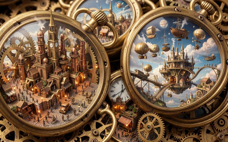Intricate brass steampunk pocket watches holding tiny detailed clockwork cities and floating airship worlds