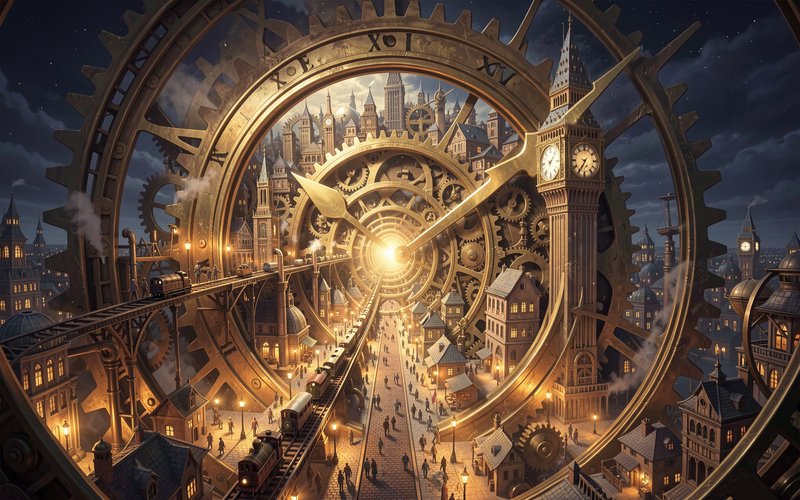Surreal steampunk city built inside giant glowing nested brass clock gears, with lit streets, trains and clock towers at