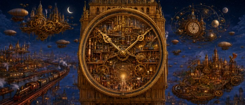 Intricate golden steampunk clock tower overlooks floating airship cities under a crescent night sky