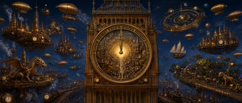 Intricate steampunk clock tower stands amid floating cities, airships, and mythical creatures in a midnight sky