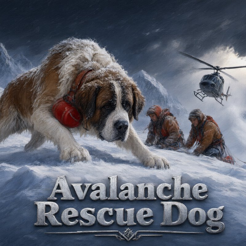 Frost-covered Saint Bernard avalanche rescue dog climbs snowy alpine slope beside rescuers and a hovering helicopter