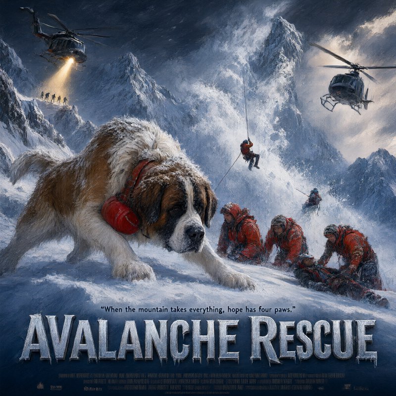 Saint Bernard avalanche rescue dog stands beside climbing teams on a dramatic snowy mountain movie poster