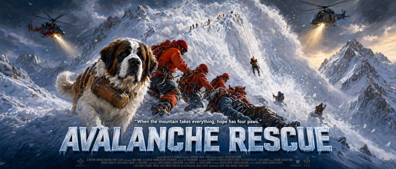 St. Bernard avalanche rescue dog stands in the foreground of a dramatic Avalanche Rescue movie poster